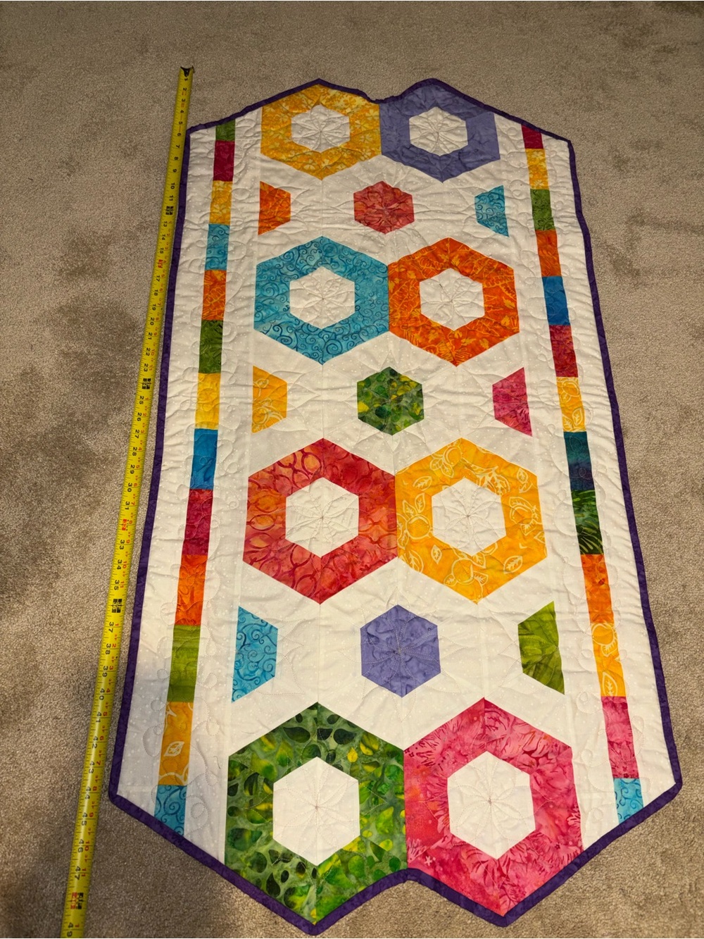 Handmade White Multicolor Hexagon Quilt Table Runner - Picture 2 of 5